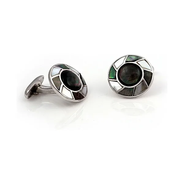 Circular Black & White Mother of Pearl Inlay Cufflinks | Silver