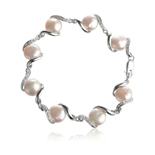 Freshwater Cultured Coin Pearl & Diamond Bracelet  |  14ct White Gold