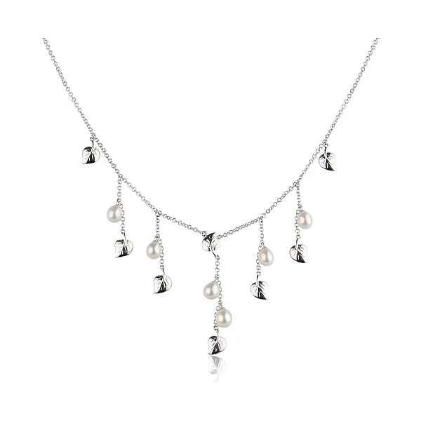 Rain Drop & Leaf Motif Freshwater Cultured Pearl Necklace  |  14ct White Gold