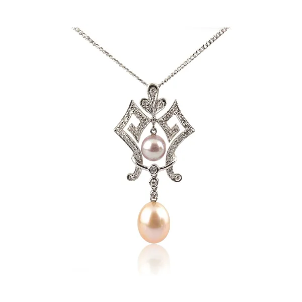 Freshwater Cultured Pearl & Diamond Antique Style Pendant & Chain | 18ct White Gold