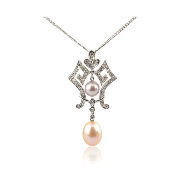 Freshwater Cultured Pearl & Diamond Antique Style Pendant & Chain | 18ct White Gold