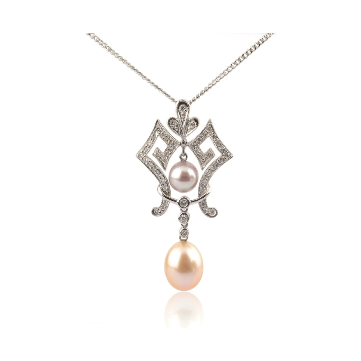 Freshwater Cultured Pearl & Diamond Antique Style Pendant & Chain | 18ct White Gold