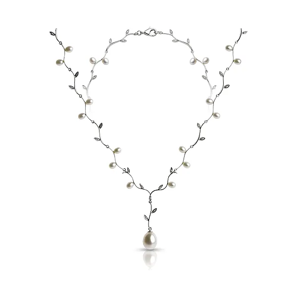 Freshwater Pearls & Diamond Foliate Necklace  |  9ct White Gold