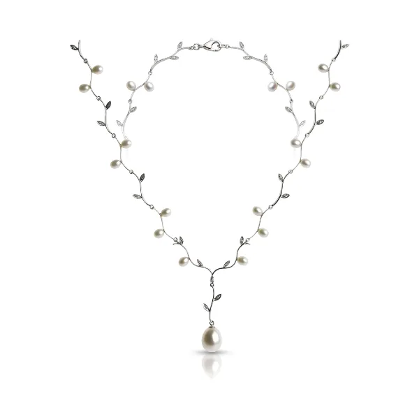 Freshwater Pearls & Diamond Foliate Necklace  |  9ct White Gold