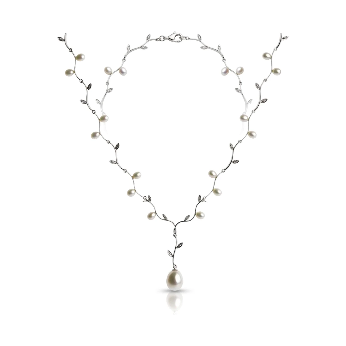 Freshwater Pearls & Diamond Foliate Necklace  |  9ct White Gold