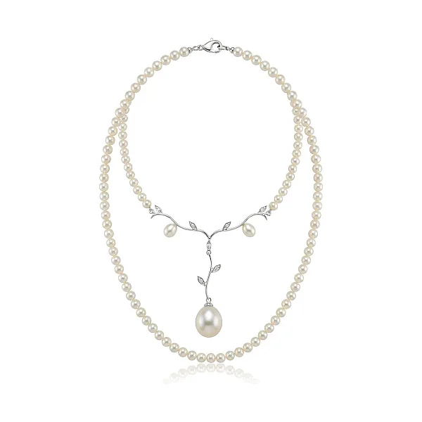 Freshwater Pearl Necklace With Diamond Foliate Pendant  |  9ct Gold