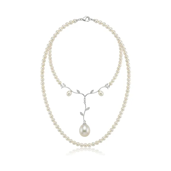 Freshwater Pearl Necklace With Diamond Foliate Pendant  |  9ct Gold