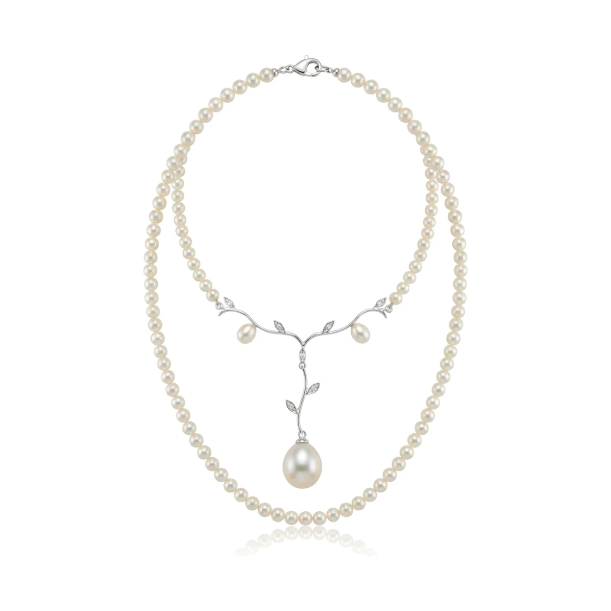 Freshwater Pearl Necklace With Diamond Foliate Pendant  |  9ct Gold