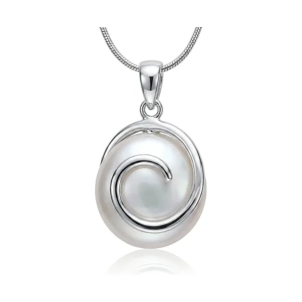 White Freshwater Coin Pearl Swirl Pendant  |  Silver