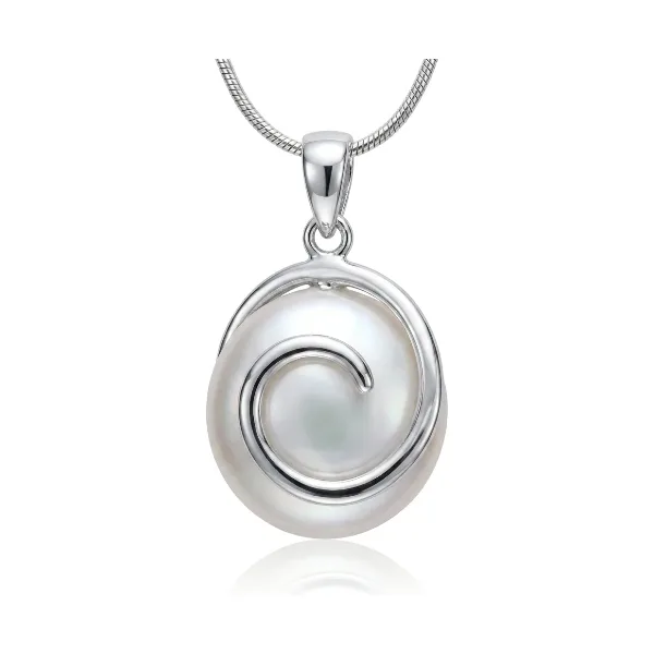  White Freshwater Coin Pearl Swirl Pendant  |  Silver