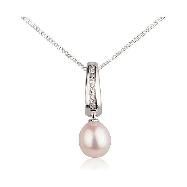 Freshwater Cultured Pearl & Cubic Zirconia Pendant and Chain  |  Silver 