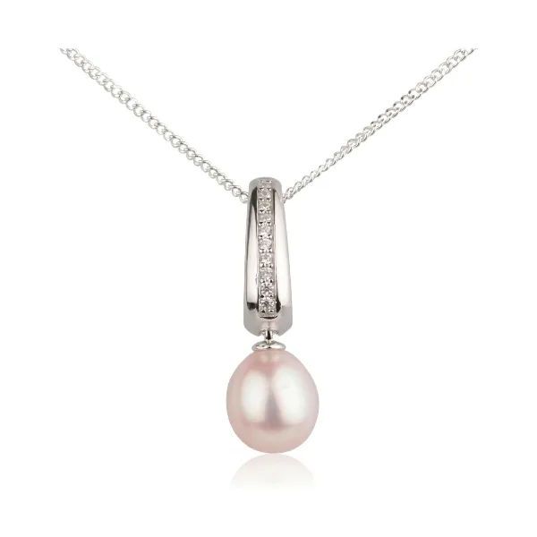 Freshwater Cultured Pearl & Cubic Zirconia Pendant and Chain  |  Silver 
