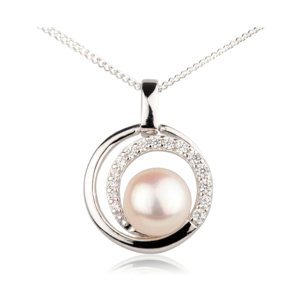  Freshwater Cultured Pearl & Cubic Zirconia Concentric Pendant and Chain | Silver