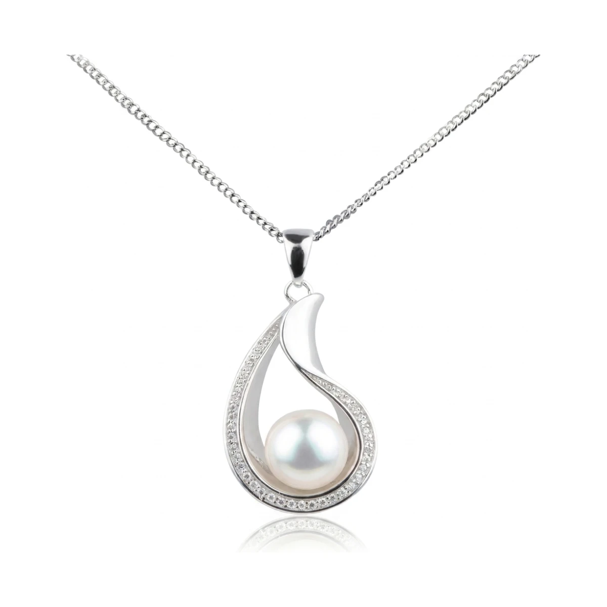 Freshwater Cultured Pearl & Cubic Zirconia Curved Pear Shape Pendant and Chain | Silver 