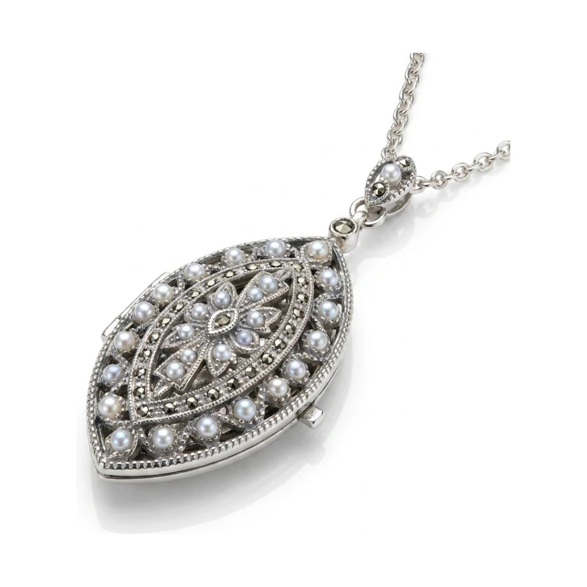 Freshwater Seed Pearl & Marcasite Navette Shape Locket Pendant  |  Silver 