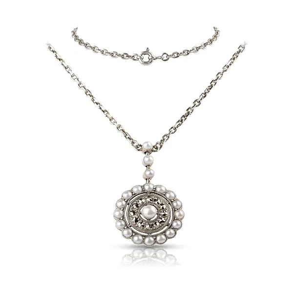 Freshwater Seed Pearl & Marcasite Antique Style Radial Cluster Necklace  |  Silver 