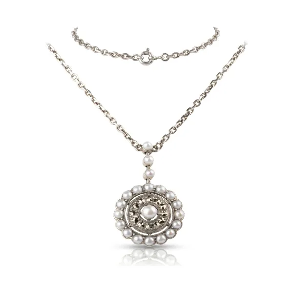 Freshwater Seed Pearl & Marcasite Antique Style Radial Cluster Necklace  |  Silver 