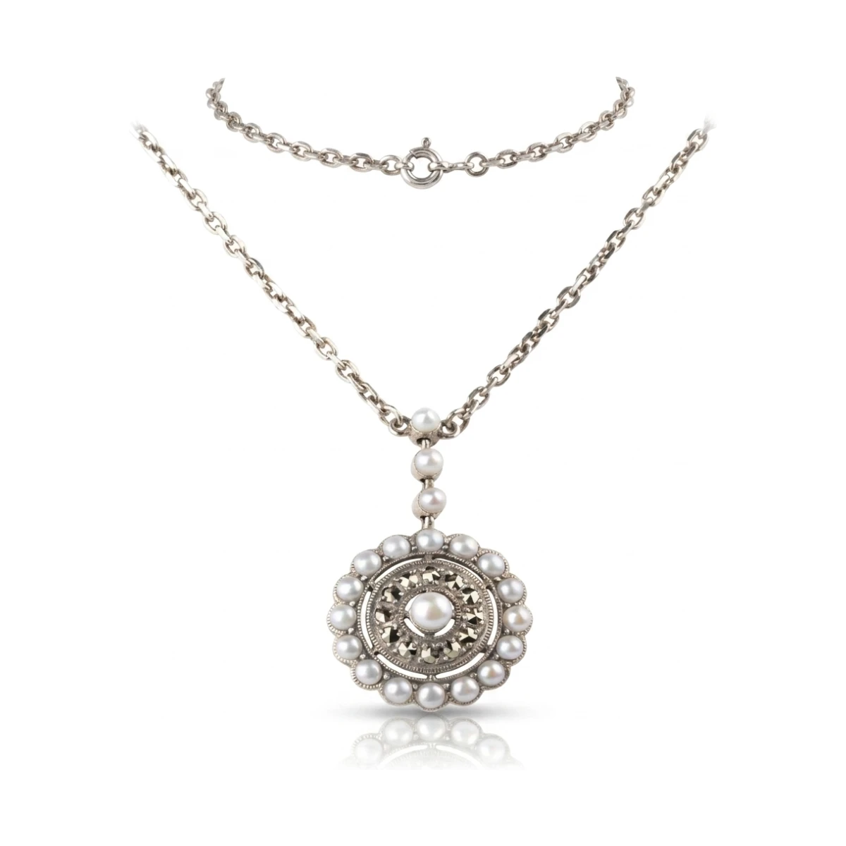 Freshwater Seed Pearl & Marcasite Antique Style Radial Cluster Necklace  |  Silver 
