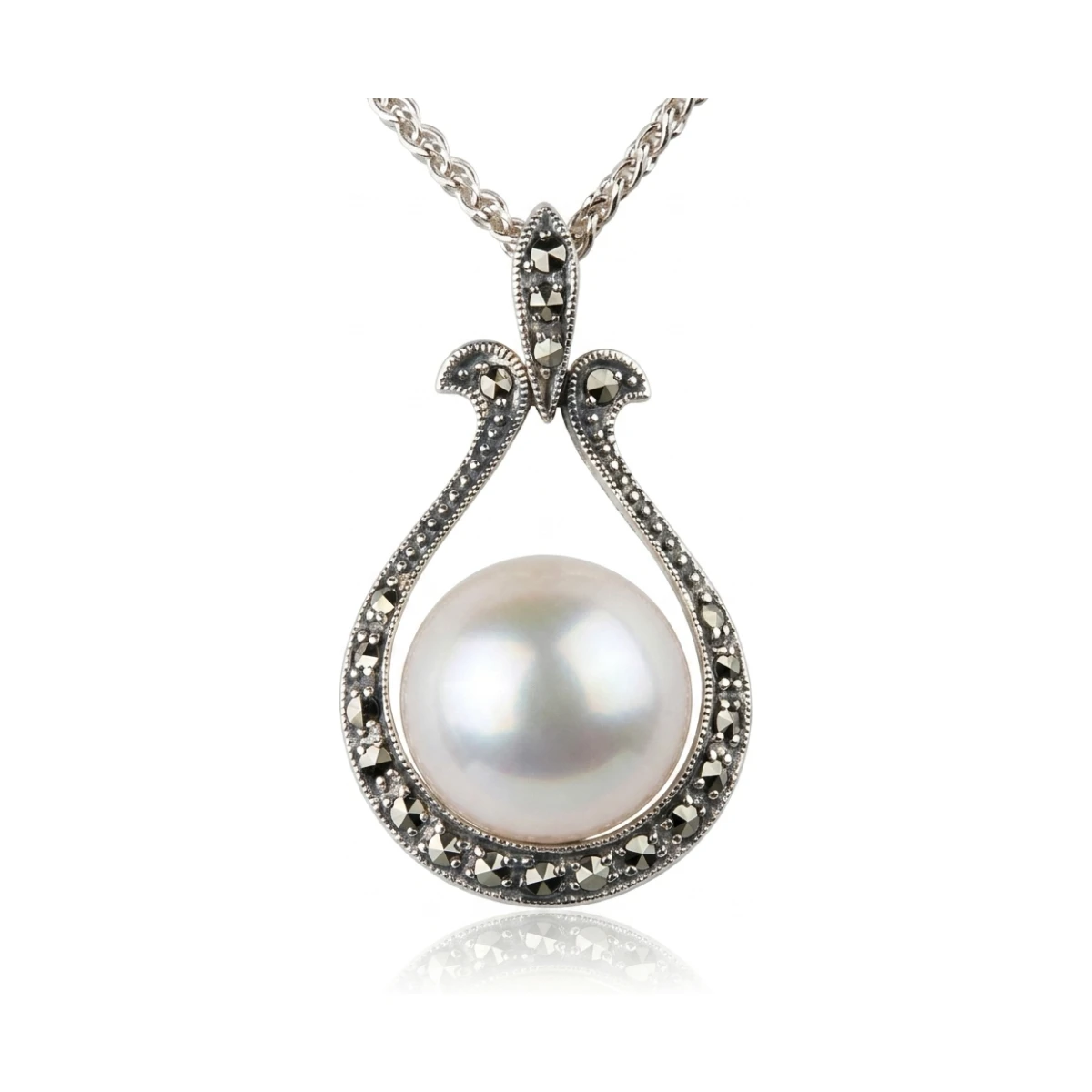 Baroque Freshwater Pearl & Marcasite Pendant with Chain  |  Silver