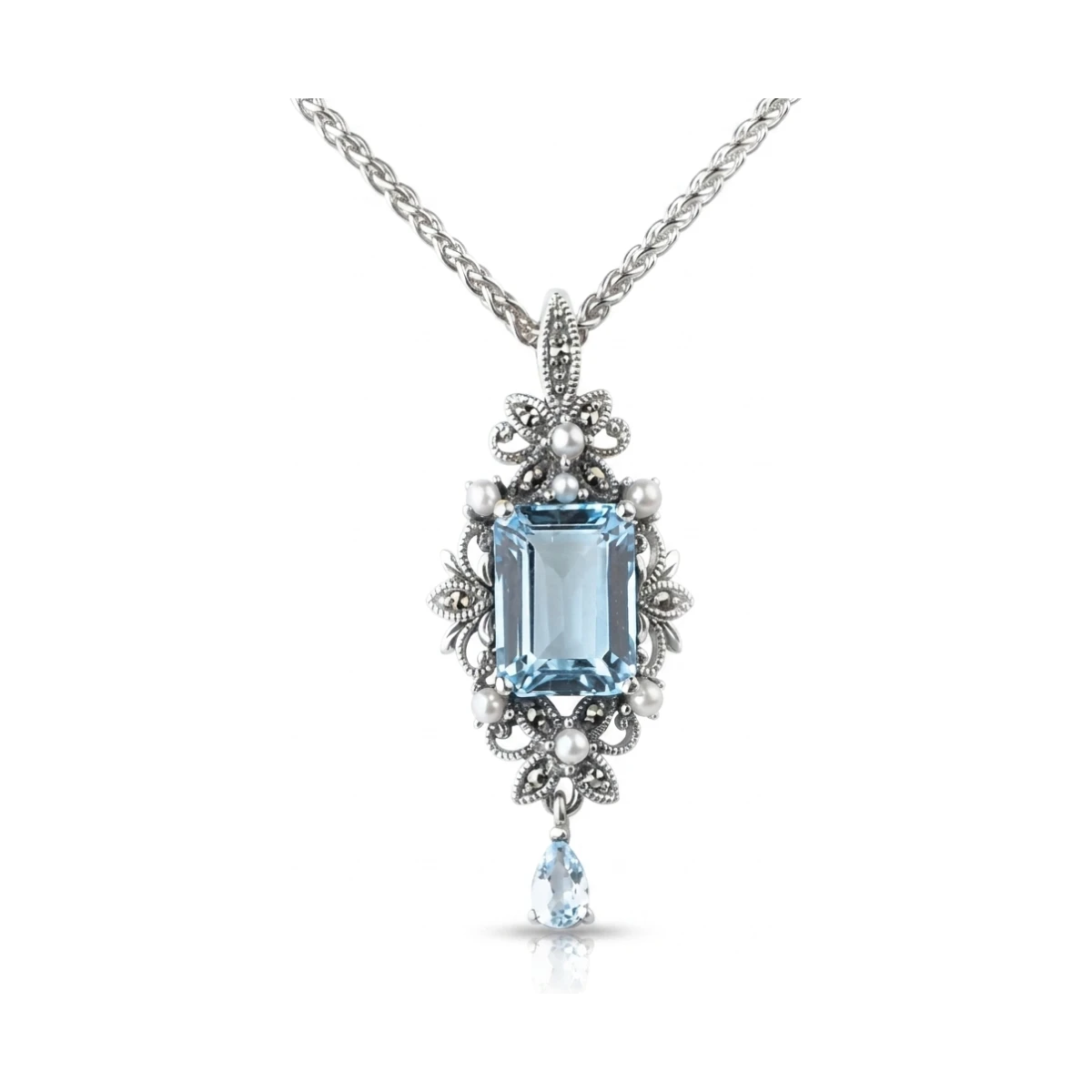 Antique Style Freshwater Cultured Pearl, Blue Topaz & Marcasite Pendant and Chain  |  Silver 