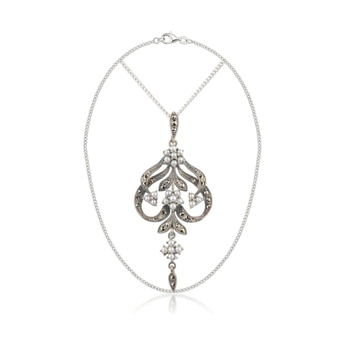 Antique Style Symmetrical Seed Pearl and Marcasite Pendant and Chain  |  Silver