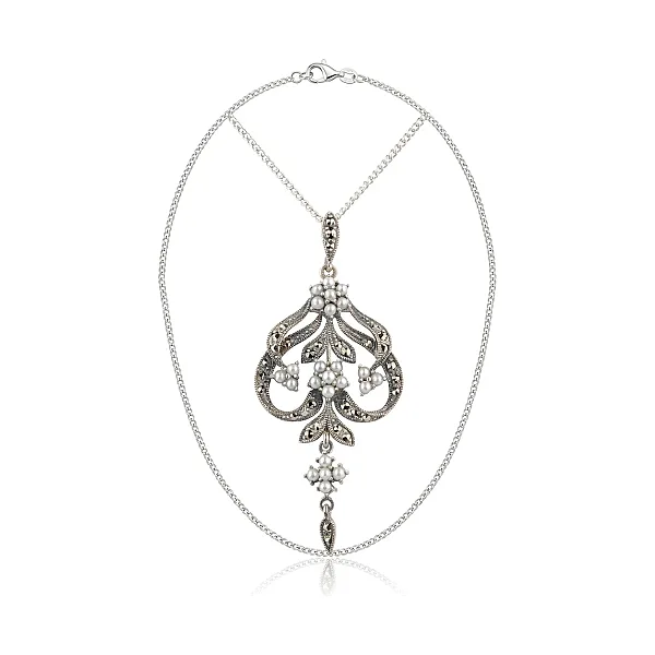 Antique Style Symmetrical Seed Pearl and Marcasite Pendant and Chain  |  Silver