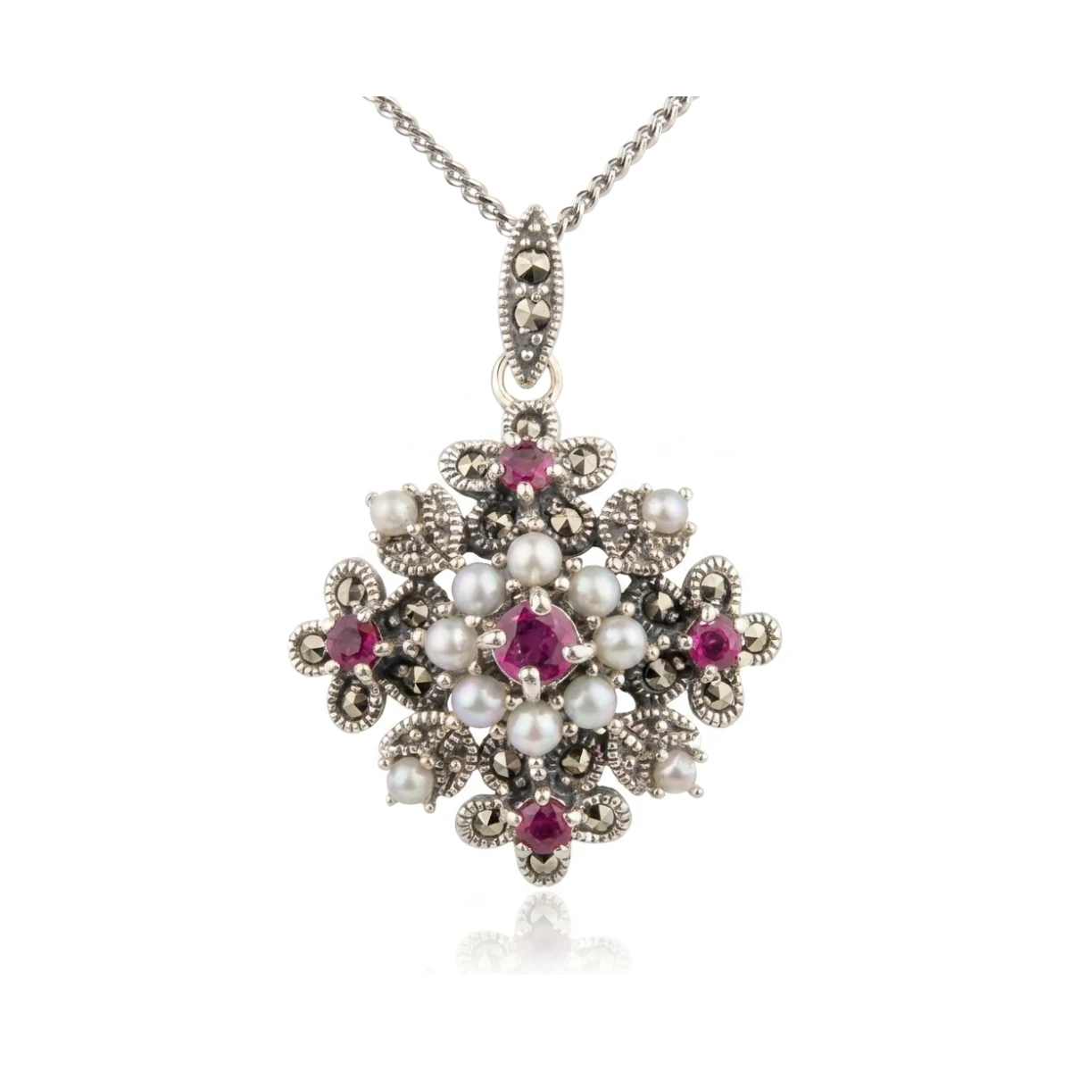 Antique Style Seed Pearl, Ruby & Marcasite Pendant and Chain  |  Silver 