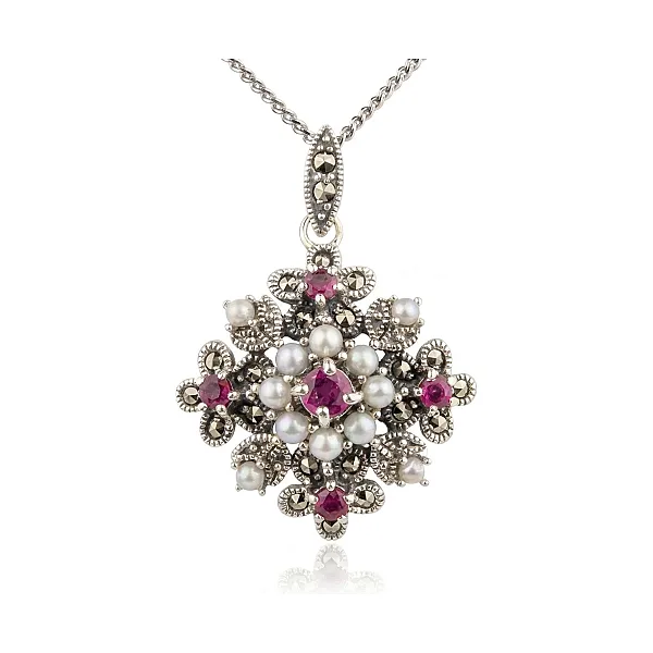 Antique Style Seed Pearl, Ruby & Marcasite Pendant and Chain  |  Silver 