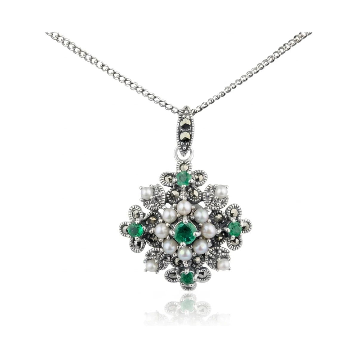 Antique design Seed Pearl, Emerald & Marcasite Pendant and Chain  |  Silver