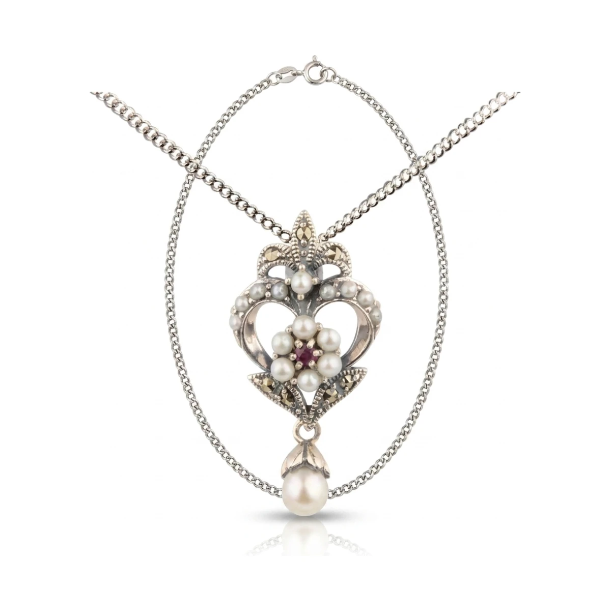 Antique Design Seed Pearl, Ruby & Marcasite Pendant and Chain  |  Silver