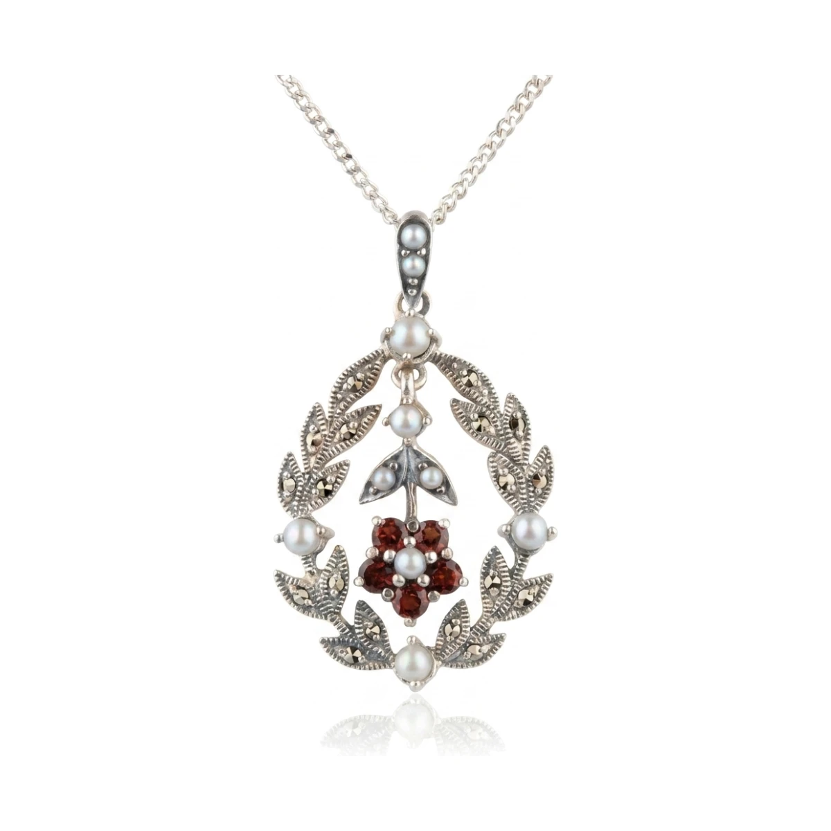 Antique Style Garnet, Marcasite and Seed Pearl Pendant and Chain  |  Silver