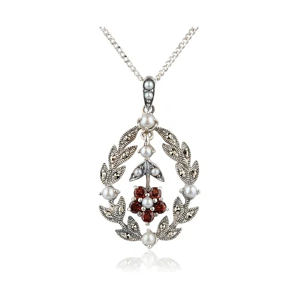 Antique Style Garnet, Marcasite and Seed Pearl Pendant and Chain  |  Silver