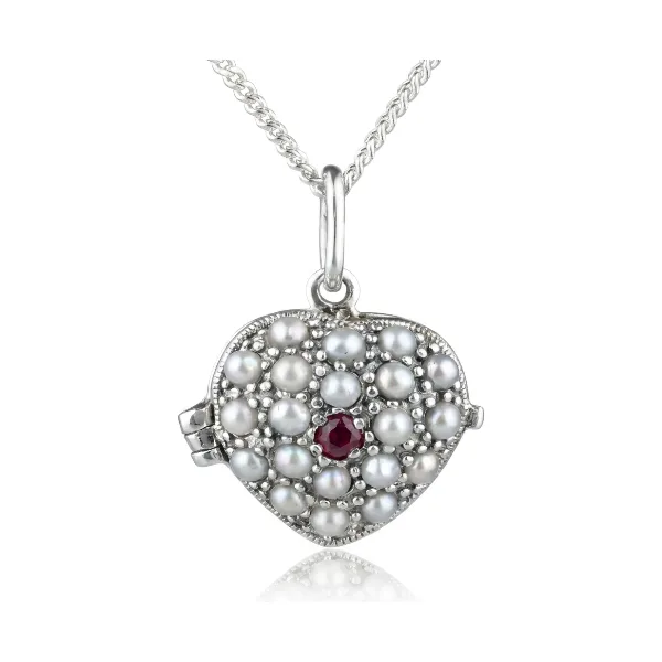 Antique Style Ruby & Seed Pearl Heart Pendant and Chain  |  Silver 