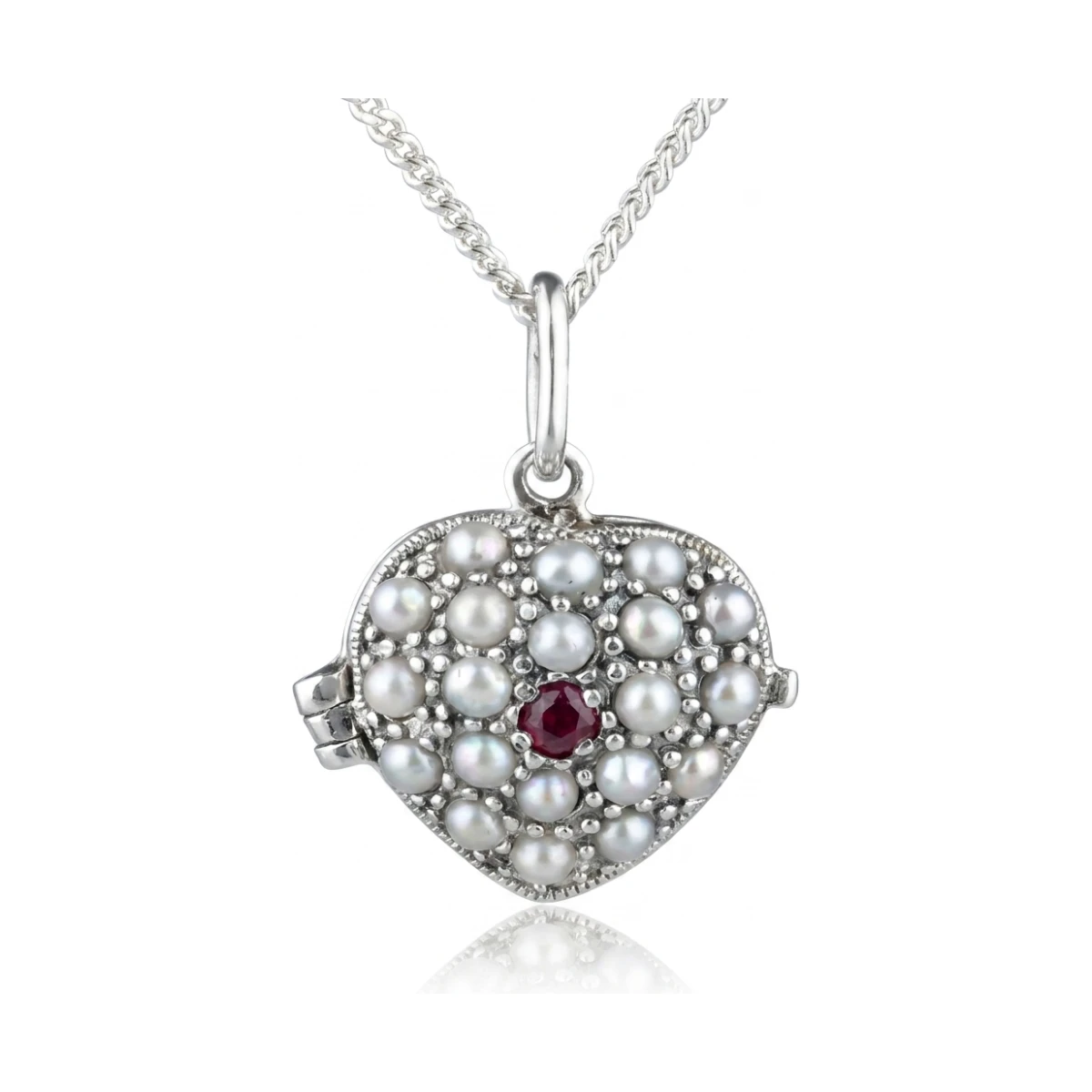 Antique Style Ruby & Seed Pearl Heart Pendant and Chain  |  Silver 