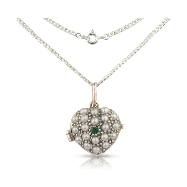 Antique Style Emerald & Seed Pearl Heart Pendant and Chain  |  Silver