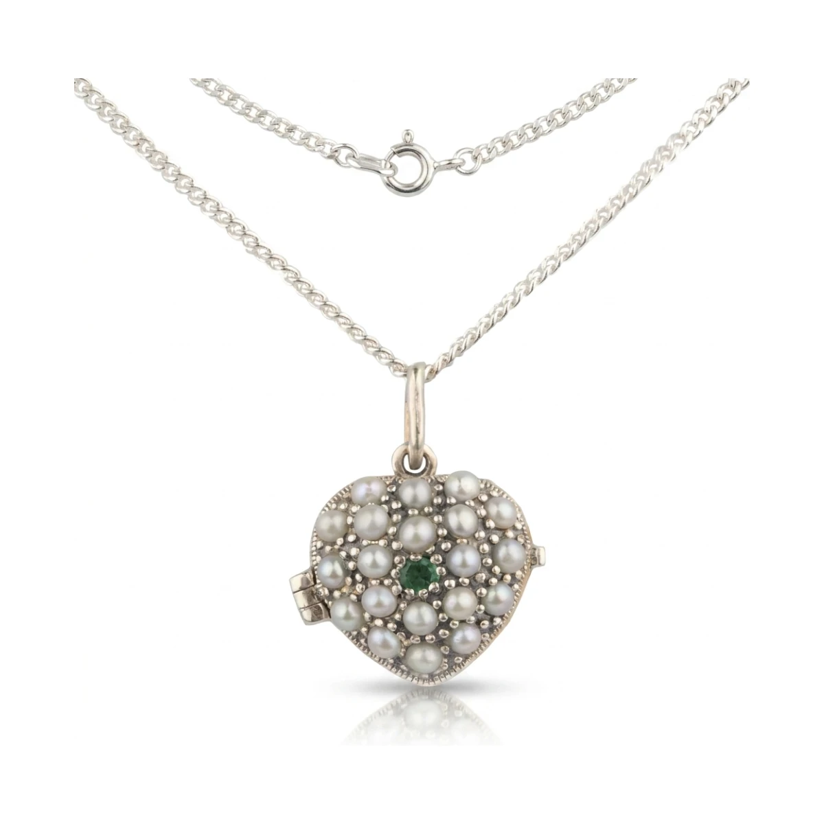 Antique Style Emerald & Seed Pearl Heart Pendant and Chain  |  Silver