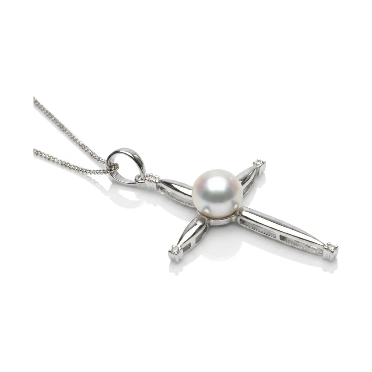 Contemporary Freshwater Pearl & Diamond set Cross  |  White Gold