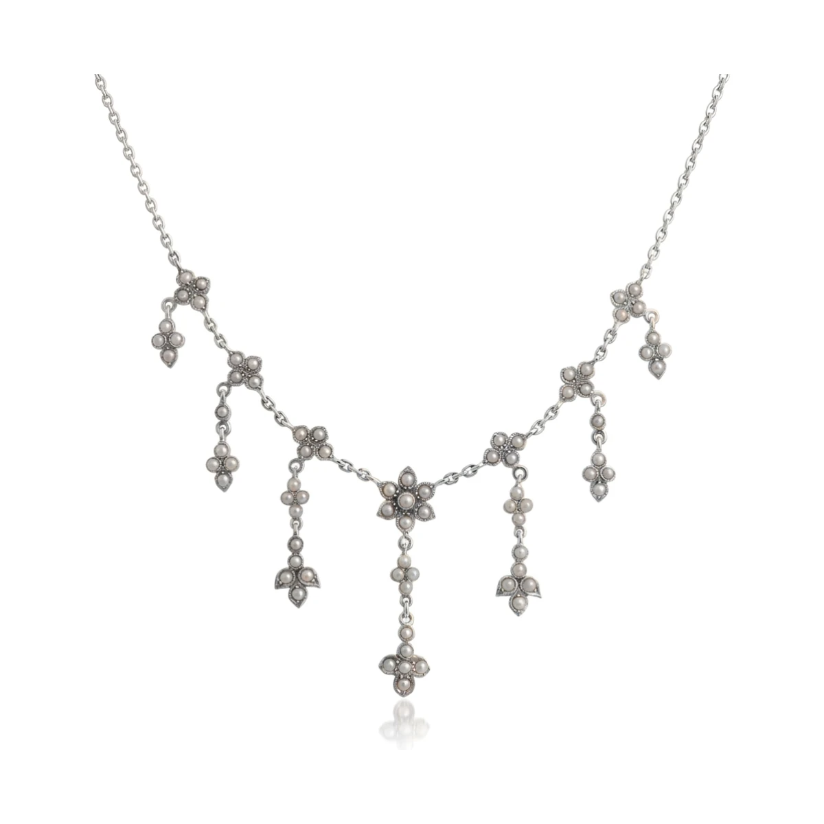 Antique Style Cascading Seed Pearl Design Necklace  |  Silver