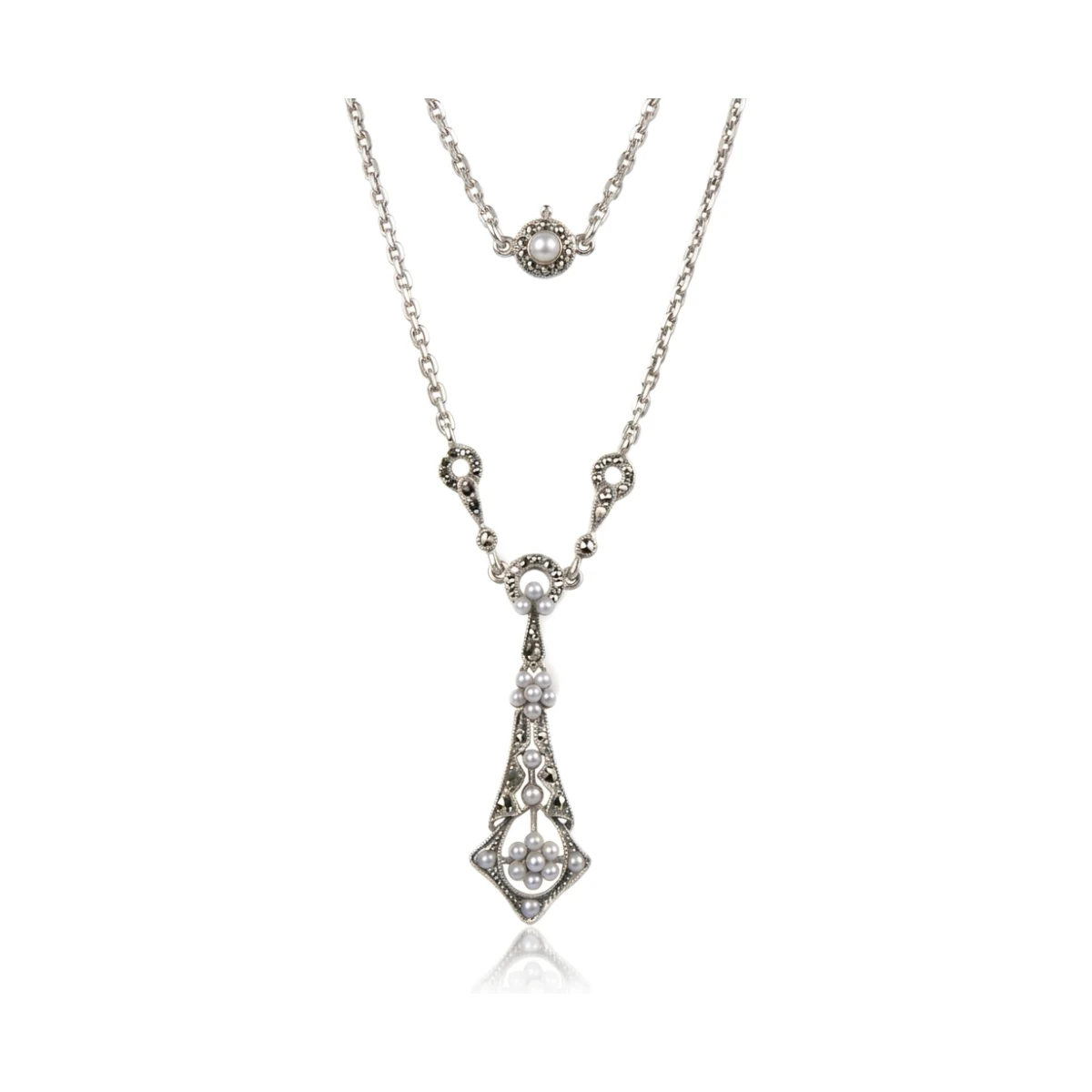 Antique Style Marcasite & Seed Pearl Detachable Necklace  |  Silver