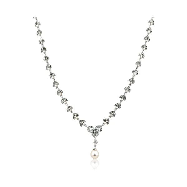  Antique Style Seed Pearl & Marcasite Necklace  |  Silver