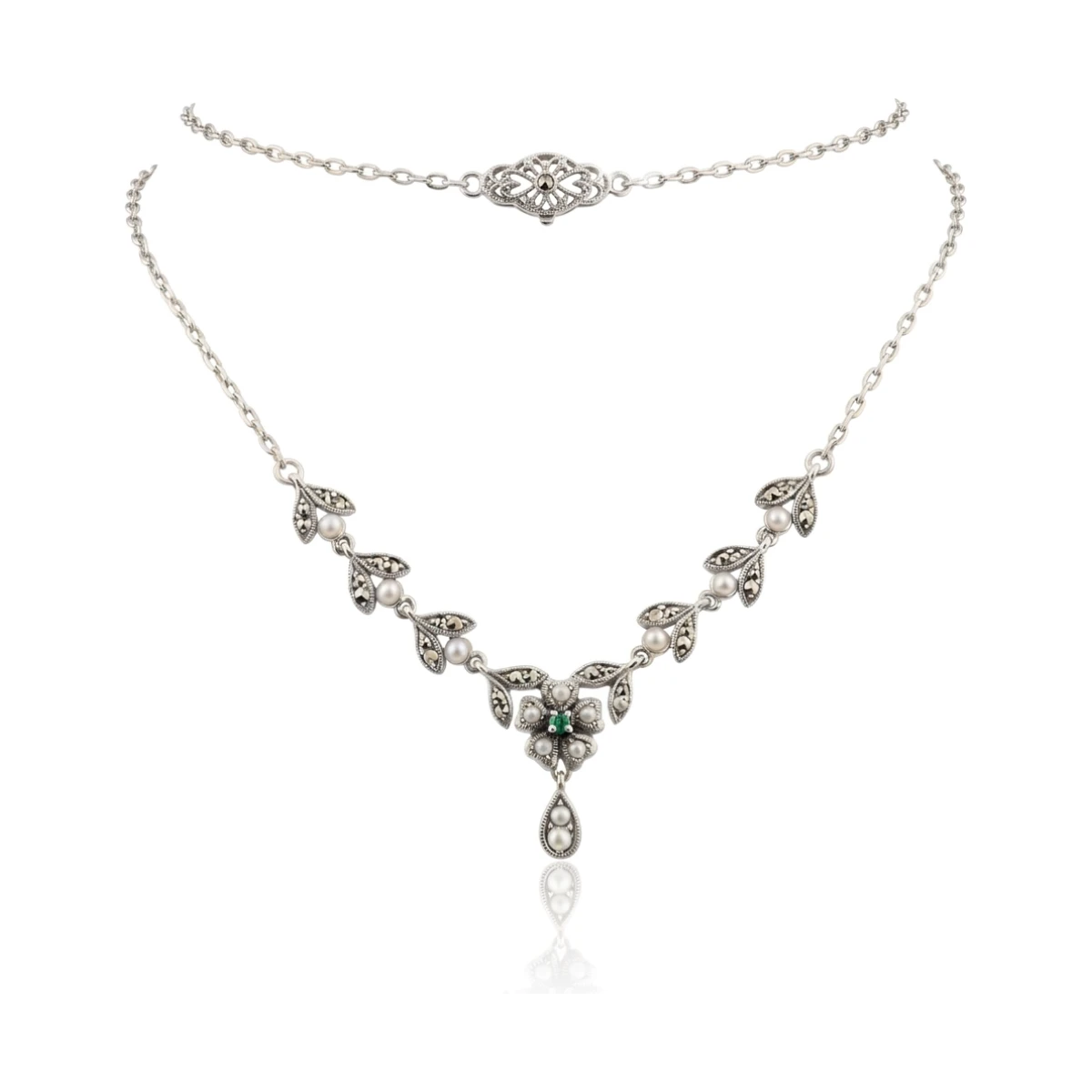 Antique Style Seed Pearl, Emerald & Marcasite Cluster Necklace  |  Silver