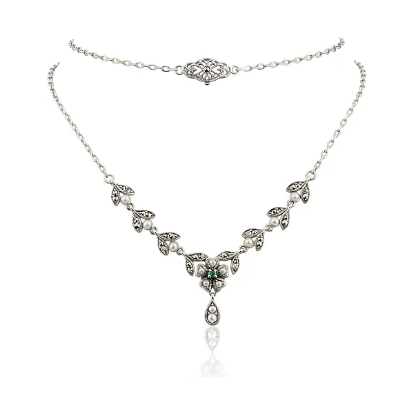 Antique Style Seed Pearl, Emerald & Marcasite Cluster Necklace  |  Silver