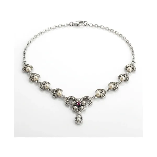  Antique Style Seed Pearl, Ruby & Marcasite Necklace  |  Silver