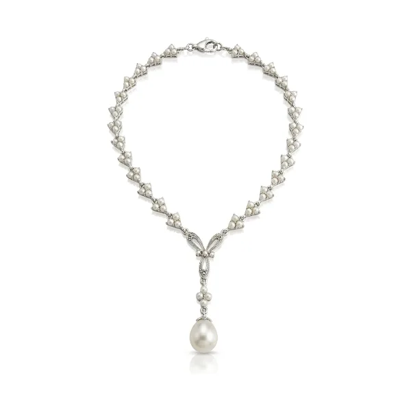 Antique Style Ribbon Design Seed Pearl & Marcasite Necklace  |  Silver