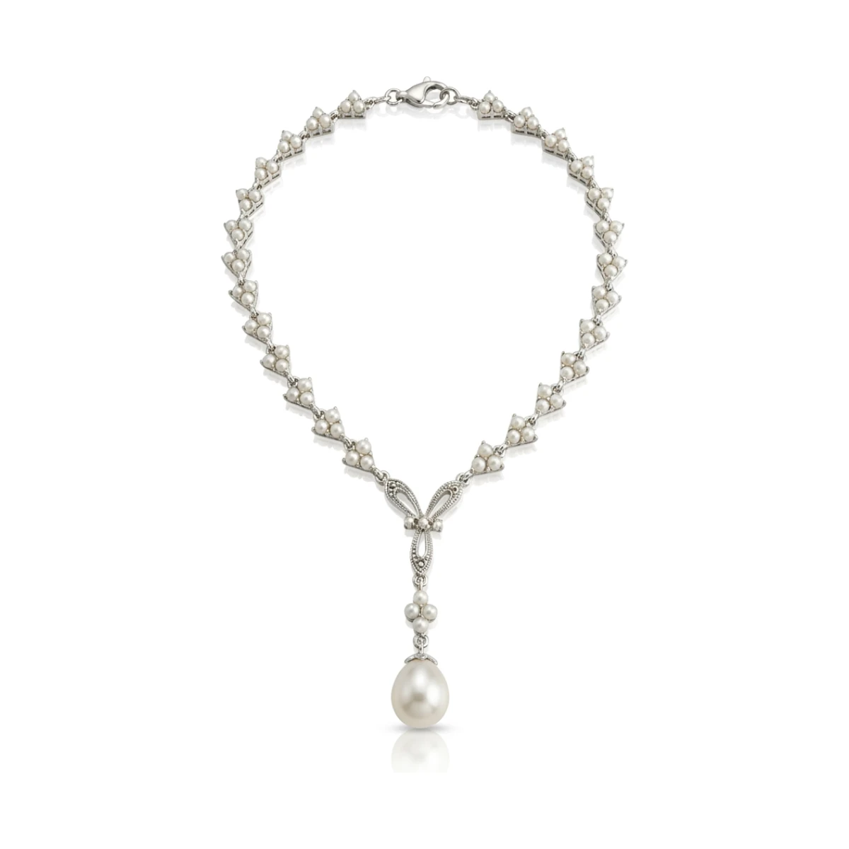 Antique Style Ribbon Design Seed Pearl & Marcasite Necklace  |  Silver