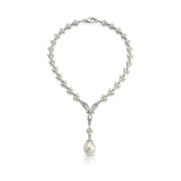 Antique Style Ribbon Design Seed Pearl & Marcasite Necklace  |  Silver