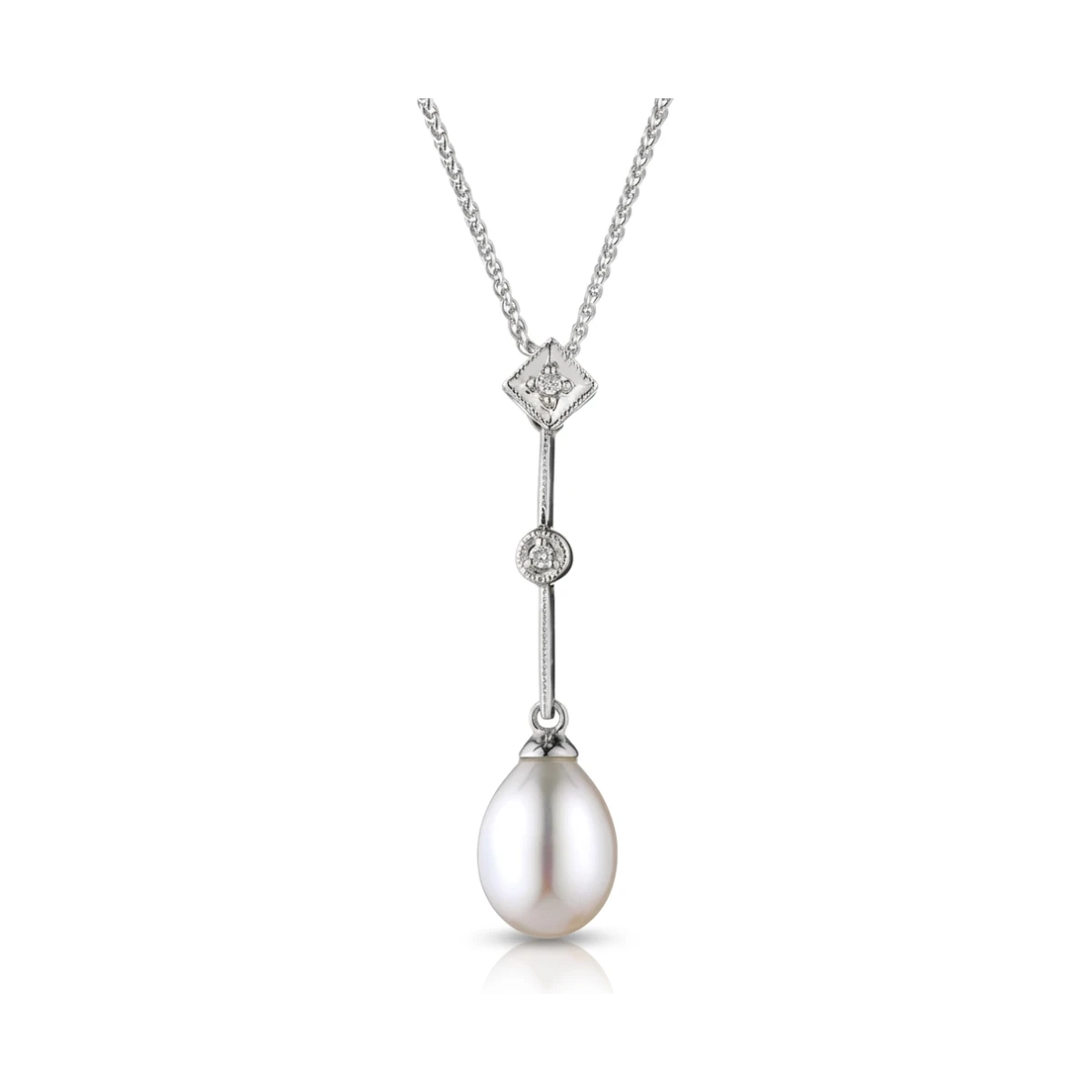 Edwardian Inspired Freshwater Pearl & Diamond Pendant  |  9ct White Gold