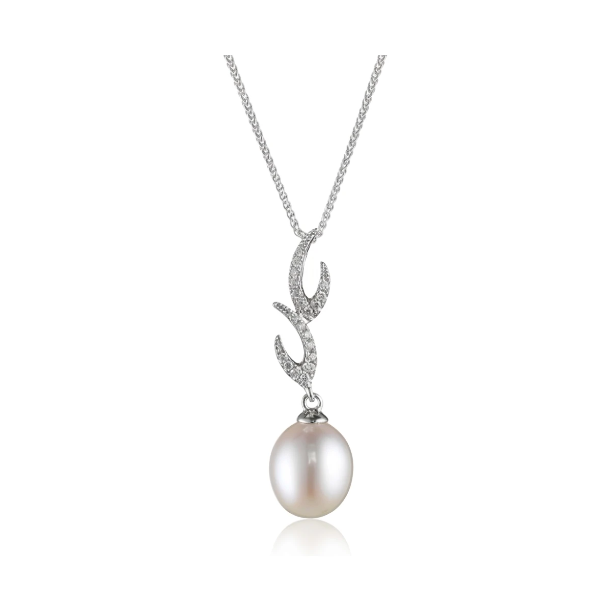 Contemporary Flame Design Freshwater Pearl & Diamond Pendant  |  18ct White Gold