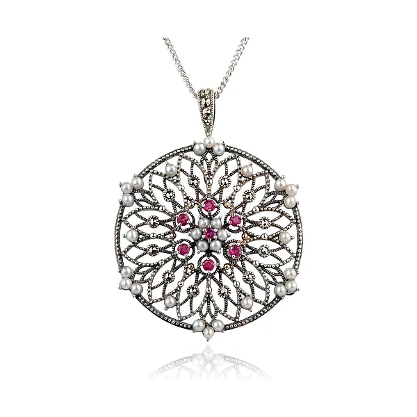 Freshwater Cultured Pearl Ruby & Marcasite Brooch/Pendant  |  Silver 