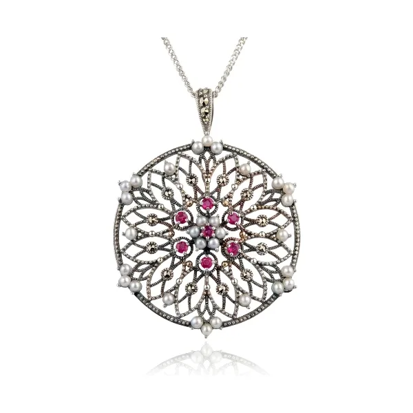 Freshwater Cultured Pearl Ruby & Marcasite Brooch/Pendant  |  Silver 